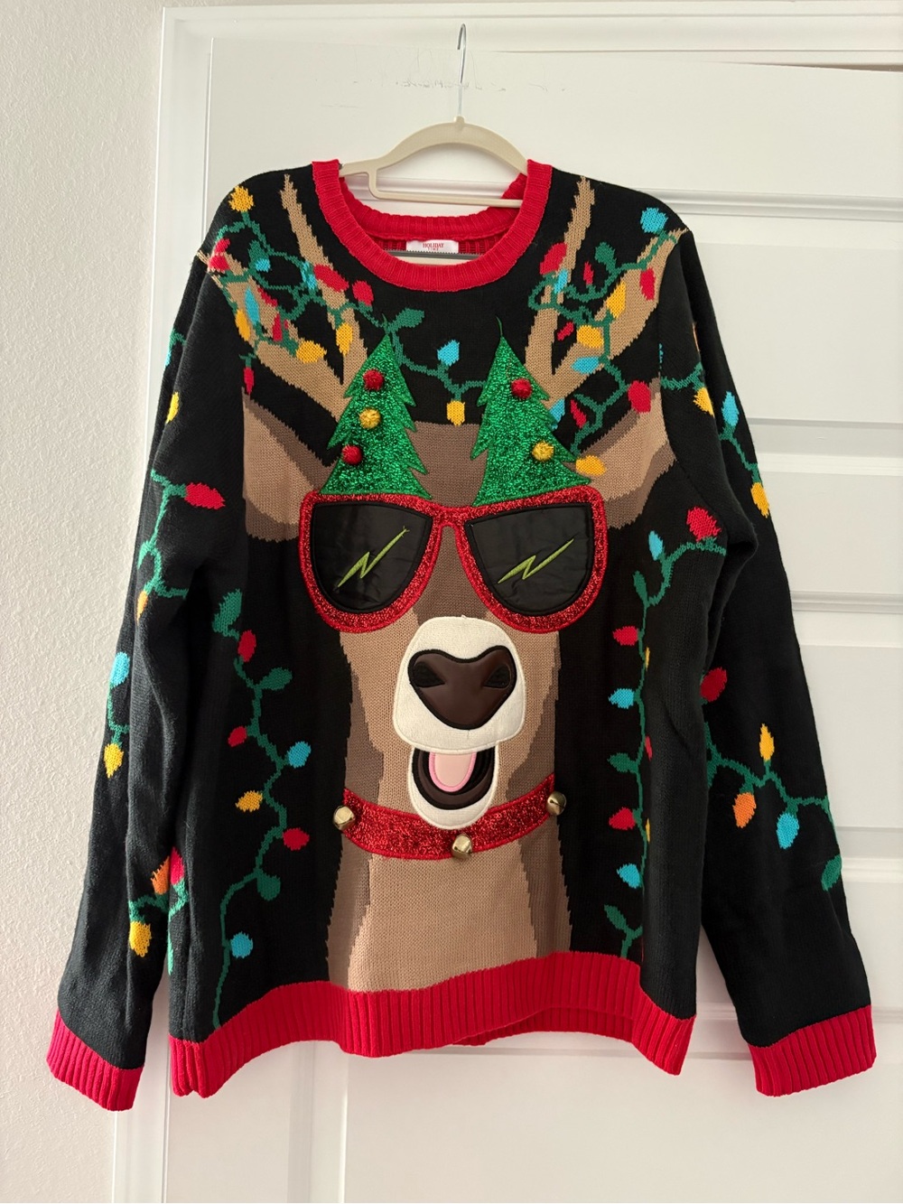 Holiday Time Black Reindeer Crewneck Sweater with Red Trim
